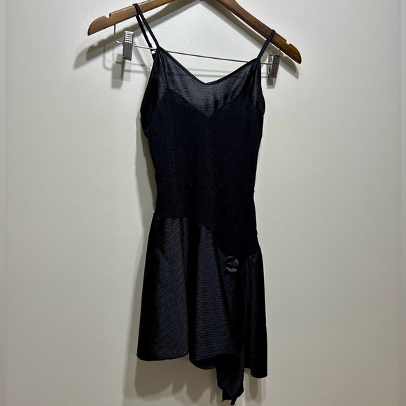 Vintage 90s Y2K Satin Cocktail Asymmetrical Hem Rosette Mini Tank Dress Black - Picture 2 of 8